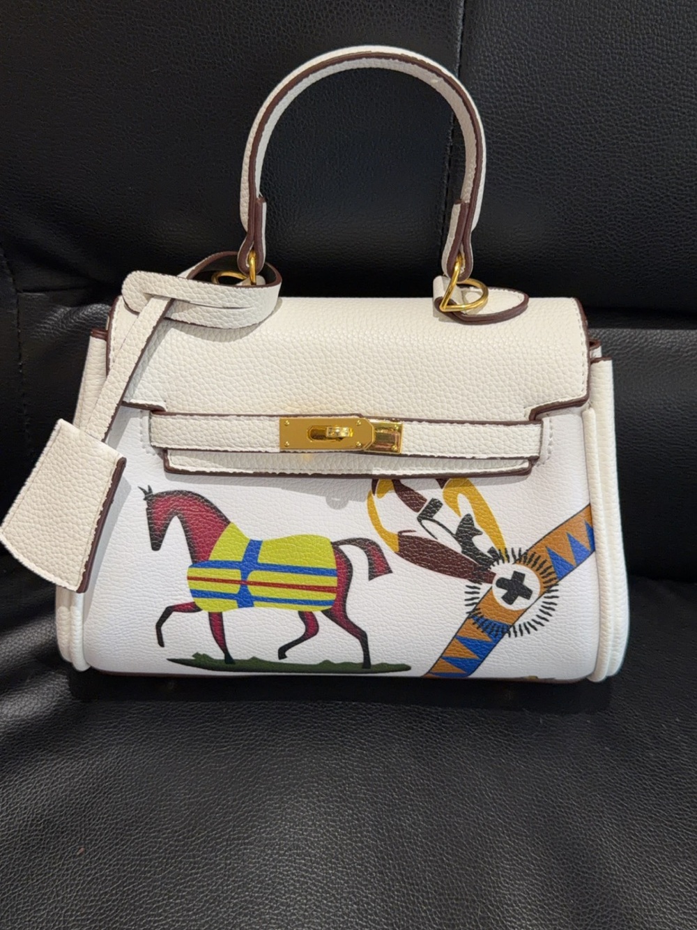Source Unknown White Printed Top-Handle Satchel with Gold Hardware